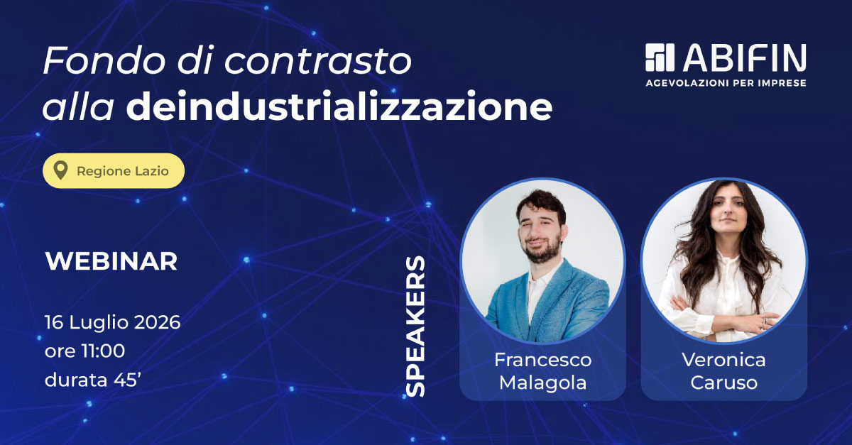 Webinar sul fondo di contrasto alla deindustrializzazione della regione Lazio. Relatori di Abifin di Carpi